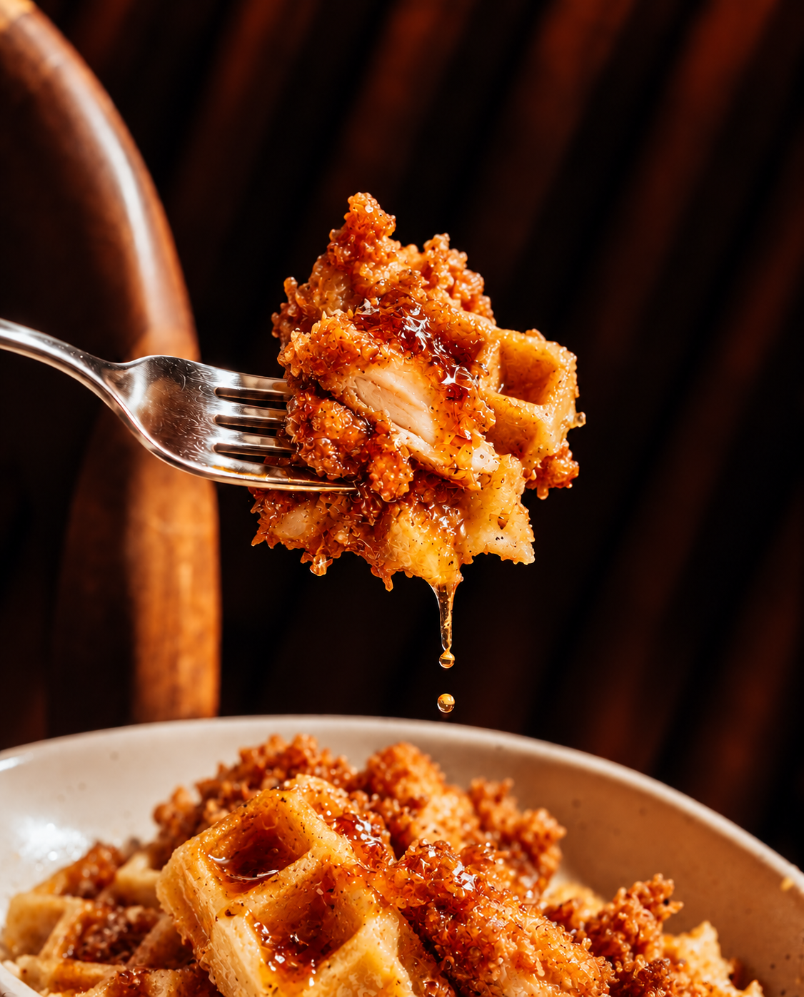 A fork lifting a syrup-glazed bite of fried chicken and waffles from Margaret’s dish in a warm intimate get-together setting