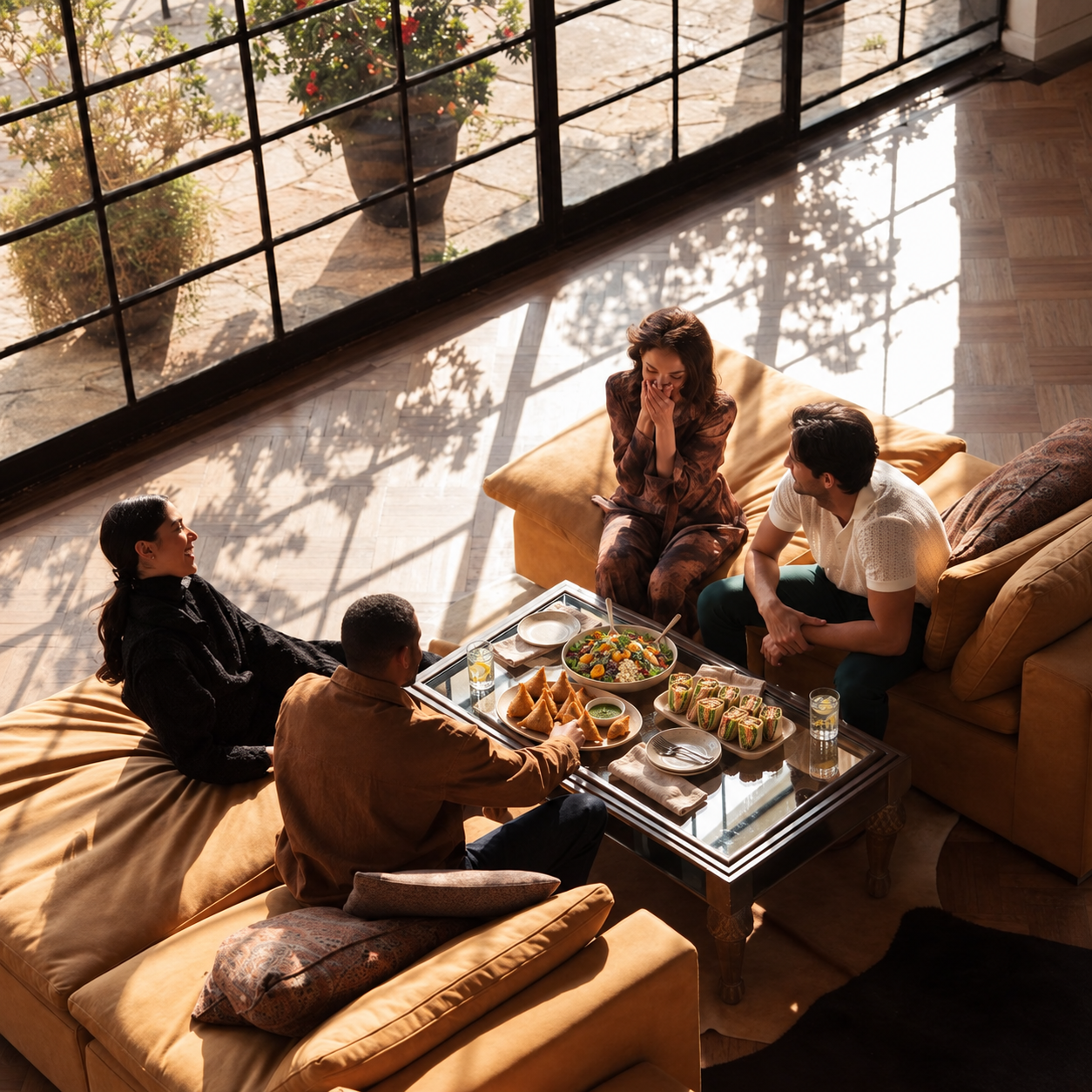 Friends sharing Goodness Union food around a sunlit lounge table