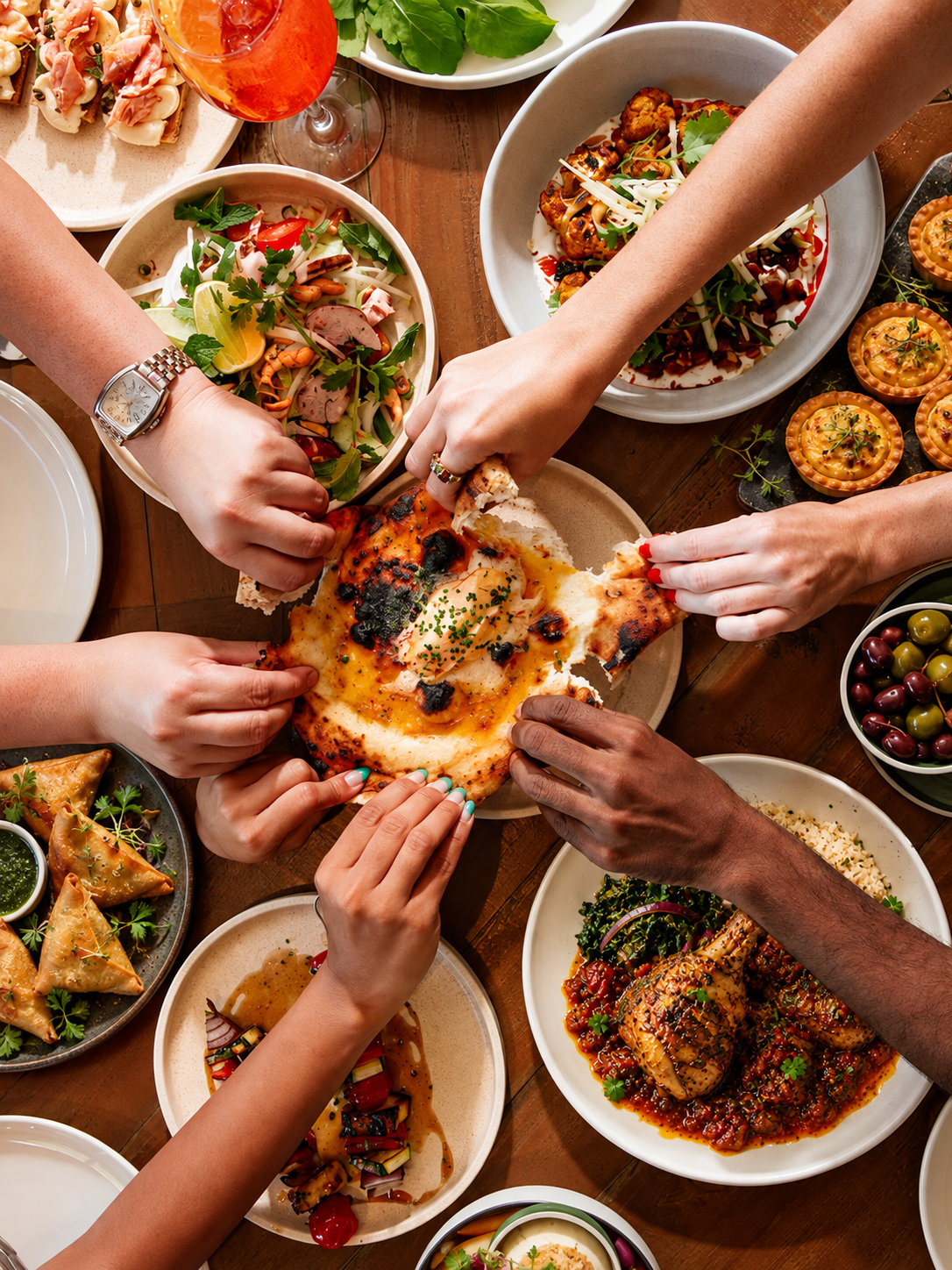 Hands sharing Margaret's food around a communal table