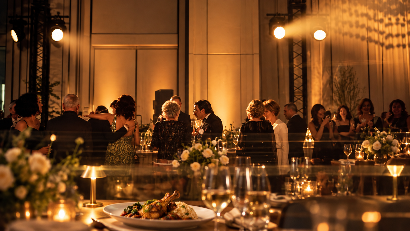 Guests gathering around a warmly lit Goodness Union dinner with plated food