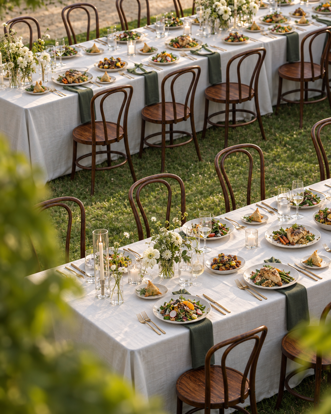 Formal special-event tables set with seasonal salads, roasted chicken, samosas, and savory bites