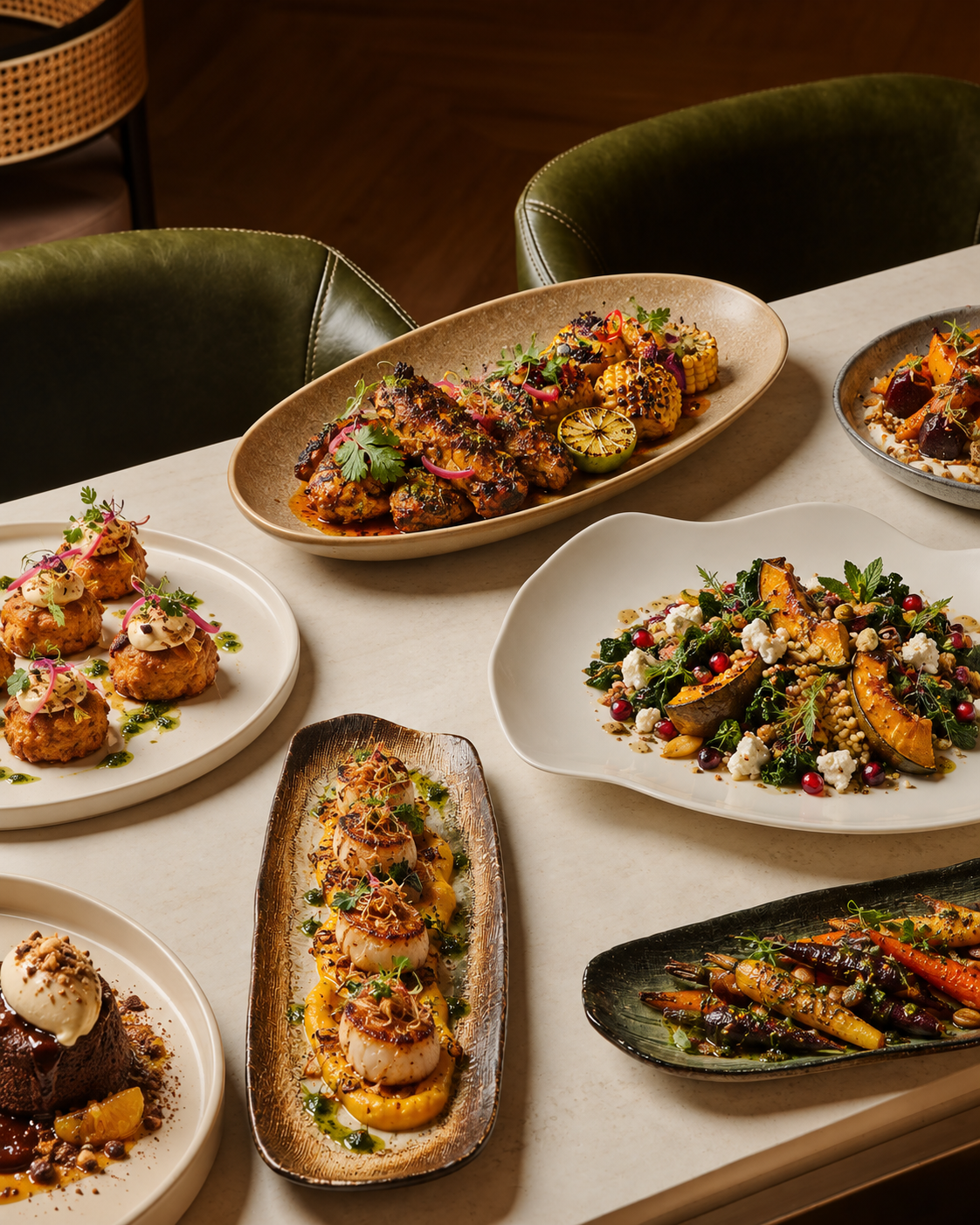 Elegant plated dishes arranged for a corporate event