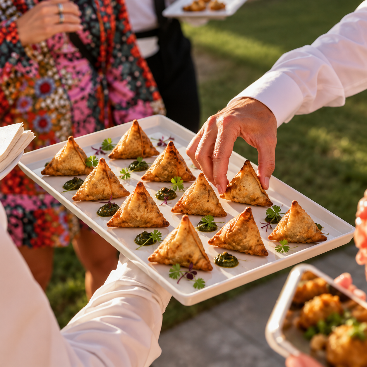 Evenly spaced samosas being served on a corporate event tray